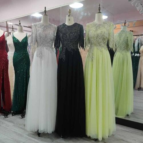 YQLNNE Elegant White Tulle Evening Dresses Half Sleeve O Neck Embroidered Beaded Women Party Gown