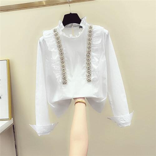2021 fashion spring and autumn new style Korean chiffon shirt women sweet ruffled stand-up collar long-sleeved shirt women