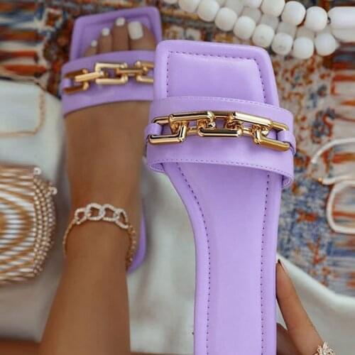 2021Flat Shoes Fashion Chain Mules for Women Square Head Slip on Flip Flops Women Slipper Summer Sandal Womens Shoe Solid Slide