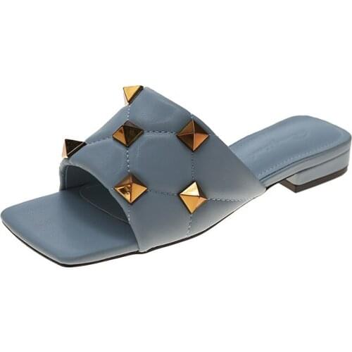 Women Sandals Flip Flops Slippers Shoes Summer Fashion Square Toe Rivet High Heels Outdoor Slides Lady Casual Female