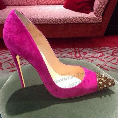 Moraima Snc Women Pumps High Heels Rose Pink Suede Pointed Toe Sexy Stiletto Shoes Rivets Studed 12/10cm Thin Heels Pumps