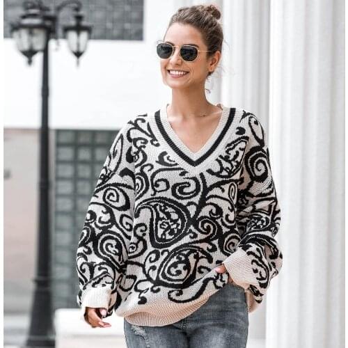Women Office Lady Print Sweater Deep V-Neck Long Sleeve Elegant Casual Knitted Pullovers 2020 Winter New Fashion Women Sweater