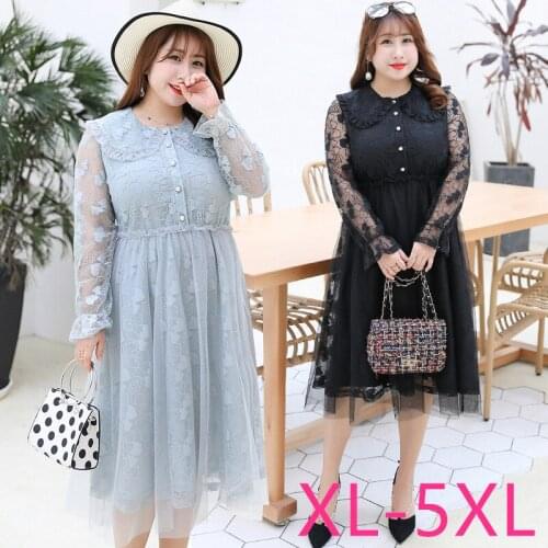 2020 spring summer plus size long dress for women large casual loose long sleeve lace sweet O neck dresses black blue 4XL 5XL