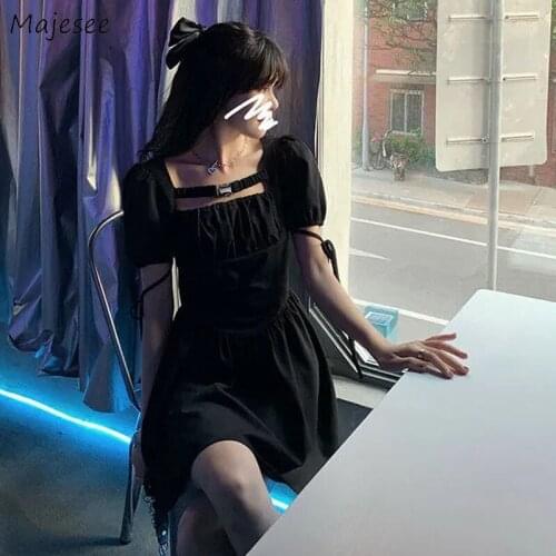 Dress Women A-line Streetwear Ruffles Mini Slim Design Black Short Puff Sleeves Square Collar Ulzzang Cool Girls Classic Chic