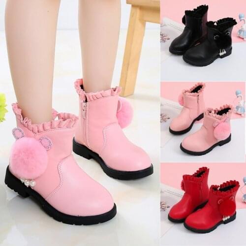 Girls Princess Boots Winter 2021 New Baby Leather Boots Kids Plus Velvet Children Snow Boots Plush Ball Cute Fashion Waterproof