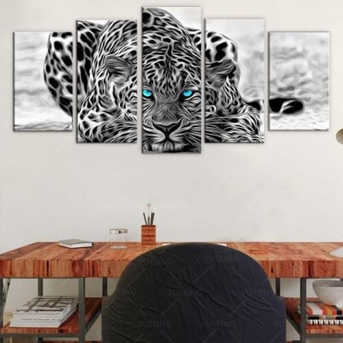 Wall Art Prints Pictures Framework 5 Pieces Blue Eyes Leopard Tiger Canvas Paintings Home Decor Black And White Animal Poster