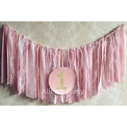 Pale Pink Chiffon Lace banner hot 1st Birthday party garland baby shower Bling one bunting girl first Wedding party decorations