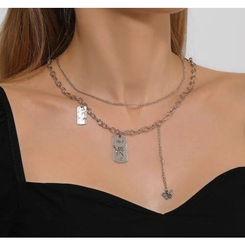 New Silver Color Chain Butterfly Tag Pendant Necklace For Women 2021 Fashion Boho Multilevel Vintage Choker Jewelry Gift