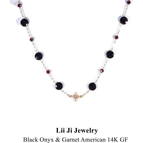 Lii Ji Genuine Stone Black Agate Red Garnet Zircon Snowflake Charm 9K-GF Delicated Handmade Necklace 36cm+5cm