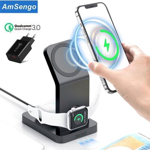 Amsengo 3 in 1 Magnetic Wireless Charger for Magnet iPhone 12 pro Max Chargers For iWatch Airpods Pro 15W Fast Charging Station