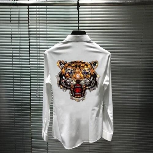 Fashion New Arrival Mens Shirt Tiger Head Design Hot Rhinestone High Quality Young Casual Brand Long Sleeve