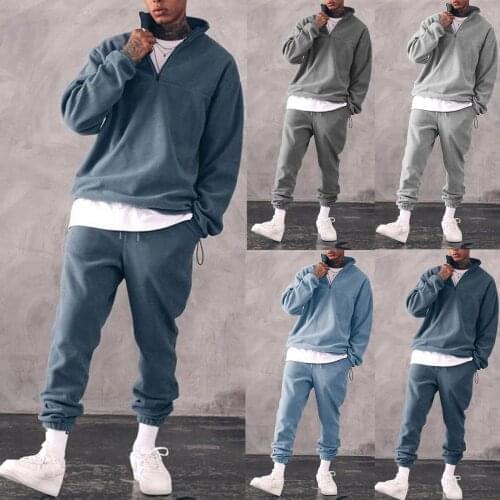 2PC Mens Sport Sets Long-Sleeved Stand Collar Zipper Pullover Sweatshirt Tops+Pants Solid Color Tracksuit Casual Home Suit