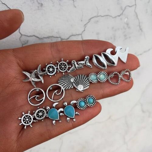 Boho Ocean Beach Sea Earrings Set Vintage Rudder Starfish Dolphin Tail Turtle Shell Stud Earrings for Women Brincos