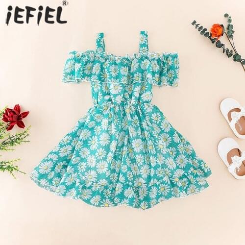 1-6Y Summer Baby Girl Dress Floral Print Off-Shoulder Casual Ruffle Sling Chiffon Dress Children Princess Evening Party Dresses