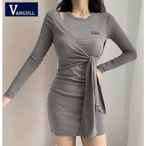 Vangull Letter Embroidery Sexy Hollowing Out Women Dress Design Bandage Slim Short Dress O-neck Spring Autumn New Female Dresses