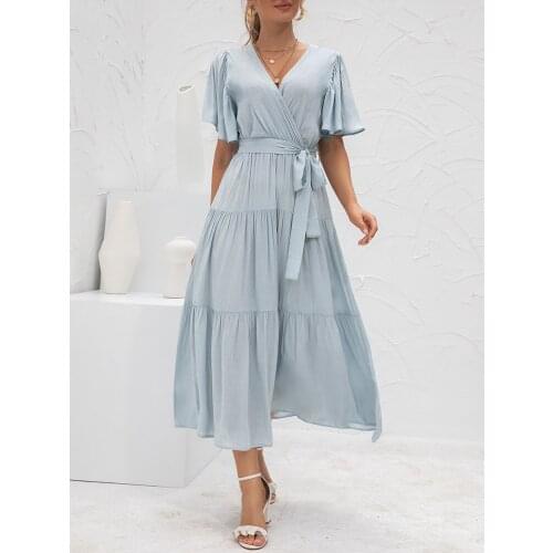 ATUENDO Summer Fashion Solid Bule Dress for Women Vintage Sexy Soft Silk Maxi Dresses Casual Wedding Guest High Waist Long Robe