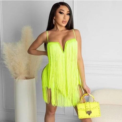 Sexy Spaghetti Strap V-neck Tassel Dress Women Elegant Club Party Dress Strapless Backless Fringe Celebrity Mini Dress Vestidos