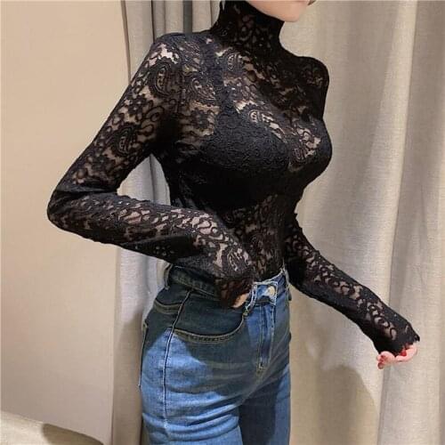 Plus Size Women Hollow Lace Blouses Thin Shirts Sexy Out Long Sleeve Solid Lady Elegant Floral Embroidery Slim Elastic Tops New