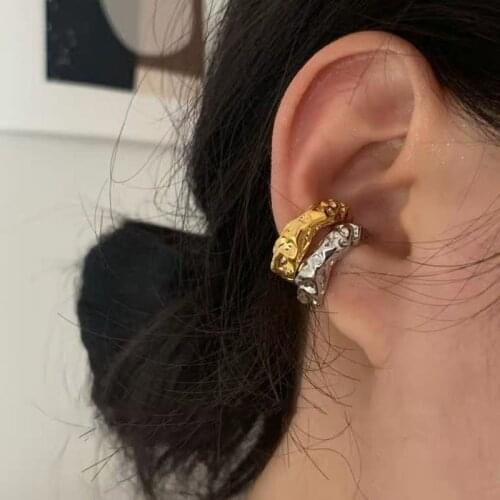 SRCOI Vintage Bump Texture Folds Open C Shape Clip Earrings Without Piercing Irregular Geometric Circle Earcuff For Women Party