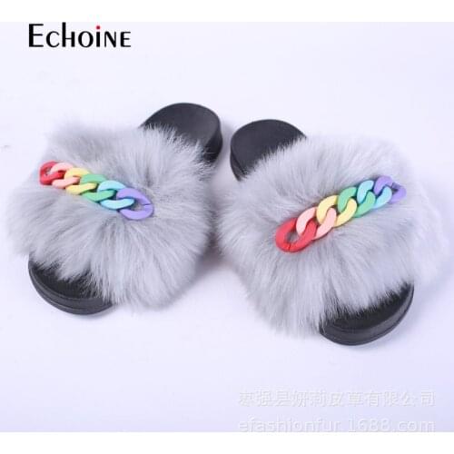 Echoine Women Imitate Fox Fur Slippers Fluffy Shiny Chain Plush Slippers Furry Fur Slides Home Beach Flat Sandals Fashion Shoes