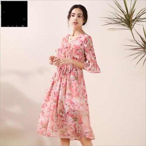 Spring And Summer Short-sleeved Floral Waist Slimming Dress For Women 2021 New Slim Midi Long Skirt European Chiffon Dresses
