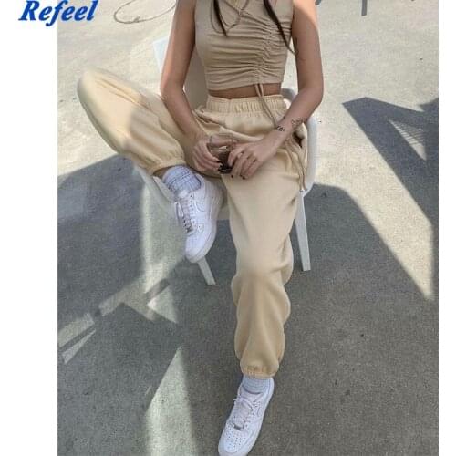 Vintage Women Solid Color Casual Sweatpants Elastic High Waist Loose Trousers Winter Long Pants