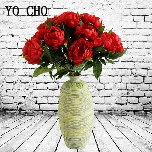 YO CHO Red Silk Big Peonies Artificial Flowers Bride Small Bouquet Peony Flores for Wedding Home Decoration 3 Heads Fake Flowers