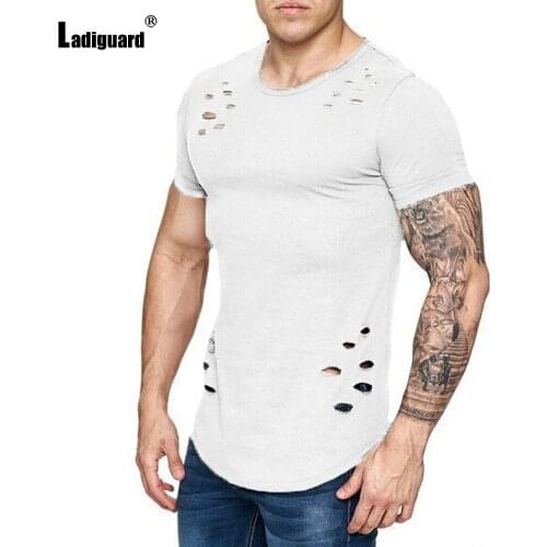 Ladiguard Sexy Mens clothing Basic Tops Fashion Hole Ripped T-shirt 2021 Summer Casual Pullovers Men Tees Shirt Plus Size S-3XL