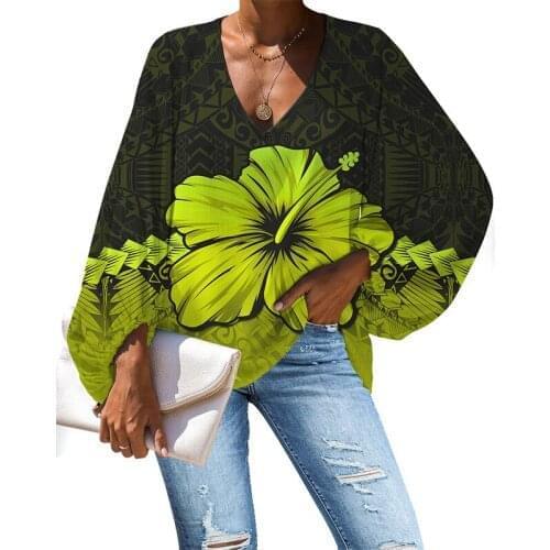 HYCOOL Polynesian Hibiscus Print Yellow WomanS Clothes Plus Size Loose Sexy V Neck Chiffon Blouses Lantern Sleeve Elegant Tops