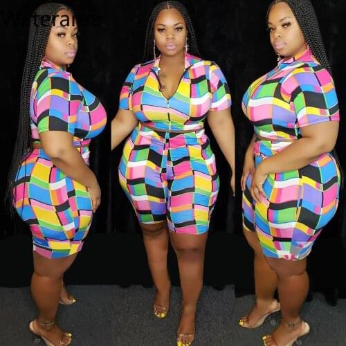 2019 Summer Women V-Neck Short Sleeve Zip-Up Top +Shorts Suit Color Block Printing Fashion Sport Plus-Size Two Piece Set DM091