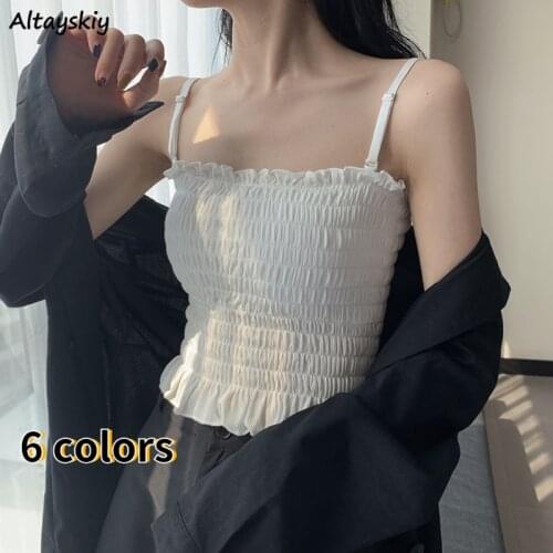 Women Camis Tops Ruched Sexy Folds Summer Korean Style Elegant Leisure Trendy Female Clothing Elastic Casual Cropped New Popular