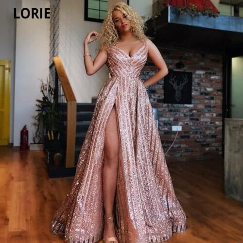 LORIE Glitter Pink Evening Dresses 2021 A-Line Dubai Women Formal Party Gowns Arabic Robe de Soiree Elegant Long Prom Dresses