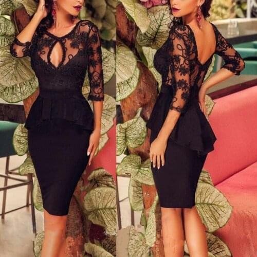 Ladies Mini Dress Women Fashion Cocktail Party Sexy Bodycon Deep V Collar Mini Lace Skirt Dress Elegant Female Casual Dresses