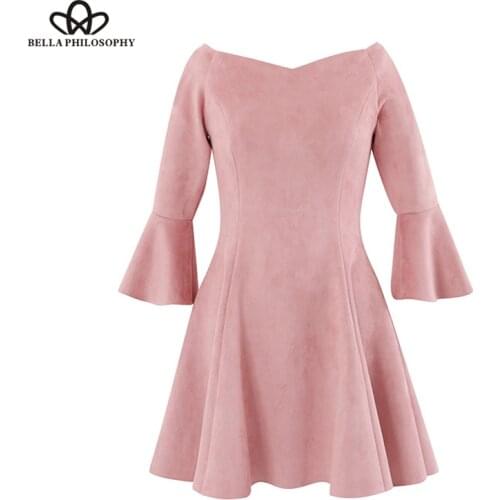 Bella Philosophy autumn winter slash neck off shoulder female dress ruffles sleeve women skater dress pink solid ladies vestidos