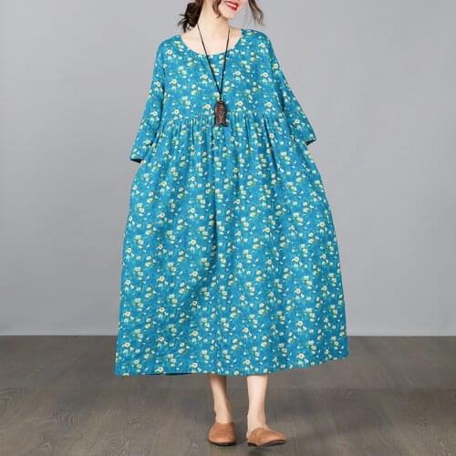 2021 New Arrival Half Sleeve Loose Spring Summer Dress Ramie Print Floral Vintage Holiday Style Women Travel Casual Long Dress