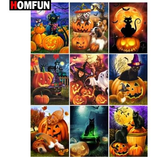HOMFUN 5D DIY Full Diamond Embroidery "Halloween black cat pumpkin" Diamond Painting Cross Stitch Rhinestone Home Decoration