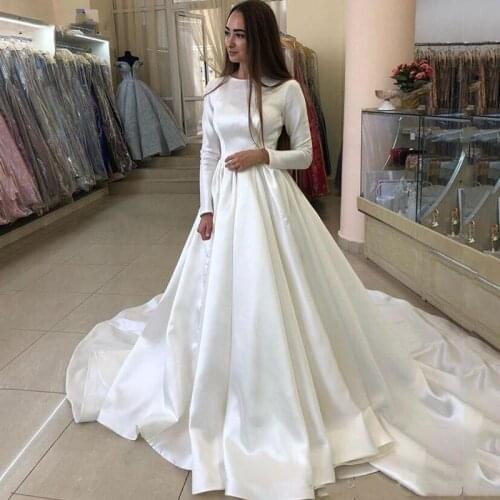 Mulsim Wedding Dress Modest Design Long Sleeve Fully Satin A Line Long Trail 2020 Dubai Wedding Bridal Gowns Vestido De Noiva