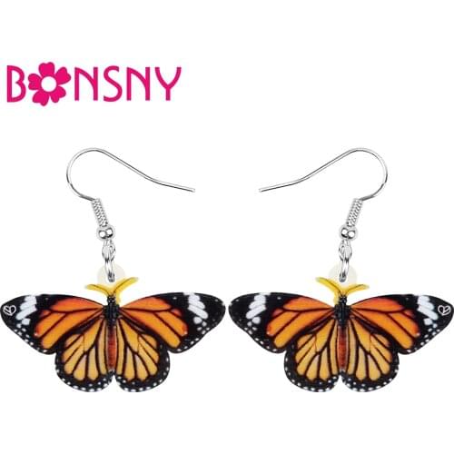 Bonsny Acrylic Orange Monarch Butterfly Earrings Lovely Insect Animal Dangle Drop For Women Girls Kids Fashion Summer Jewelry