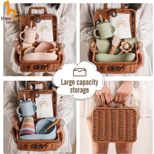 Baby Feeding Tableware Box Set Gifts Baby Silicone Rainbow Stacker Toy Set Baby Birth Vintage Retro Box Gifts