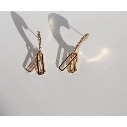 GSOLD Trendy Geometric Rhinestone Irregular C-Shaped Earring Women Temperament Hollow Square Metal Pendant Earring Jewelry