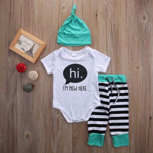 Citgeett sUMMER New autumn baby Boy girl clothes set Cotton Romper + striped pants+Hats 3pcs newborn baby clothing set