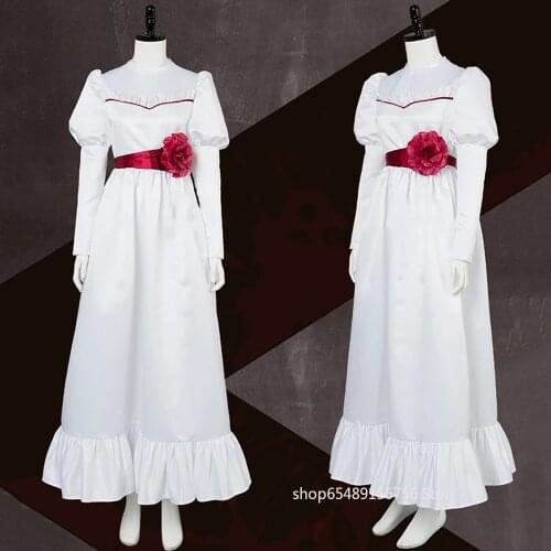 Movie Annabel Cosplay Costume Ghost Doll Cosplay Halloween White Dress Kids Women Adult Halloween Costume Wig Horror Conjurining