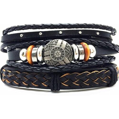 Brown Braided 4pc/set Punk Handmade Men Leather Bracelets Women Vintage Bangle Male Homme Jewelry Accessories