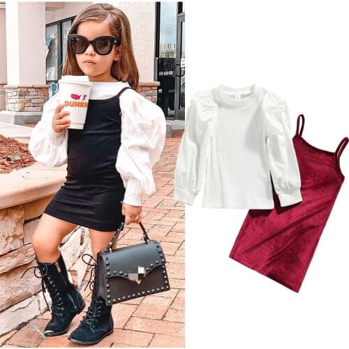 1-6Y Fashion Kids Girls Autumn Clothes Sets Children Knitted Puff Sleeve Pullover T-shirts+Solid Velvet Straight Dress Outfits