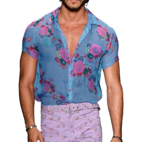 Mens Summer Clothes Fashion Hawaii Style Shirt See-Through Lapel Top Loose Floral Button Breathable Blouse Shirts Plus Size