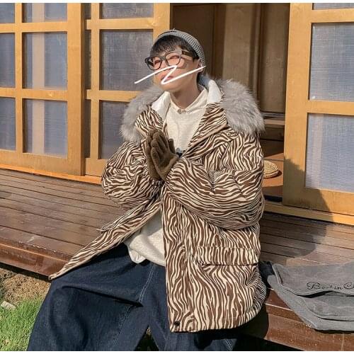 Mens Thick Warm Zebra Pattern Parkas Coat Hooded Fur Collar Loose White Khaki Outwear M30