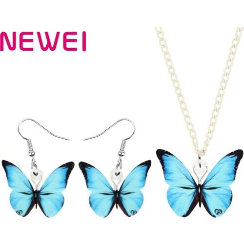Newei Acrylic Lovely Blue Morpho Butterfly Jewelry Sets Big Cute Animal Insect Earrings Necklace For Women Kid Party Decoration