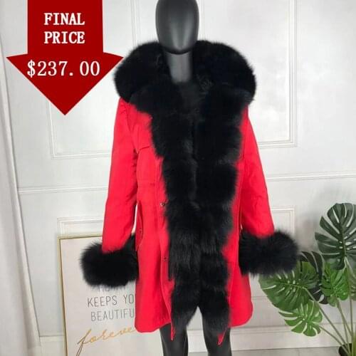 New Parka Coat Women Knitted Silver Fox Fur Lined Outwear Black Winter Thick Warm Overcoat