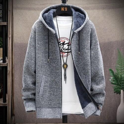 2021 Autumn Korean Hooded Mens Sweaters with Thick and Velvet Mens Cardigan Knitted Sweatercoats Solid Jacket Male M-3XL 9802