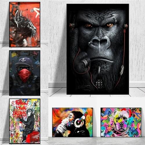 Punk Orangutan Monkey Chimp Headphones Art Canvas Print Painting Gorilla Animal Modern Wall Picture Home Decoration Poster